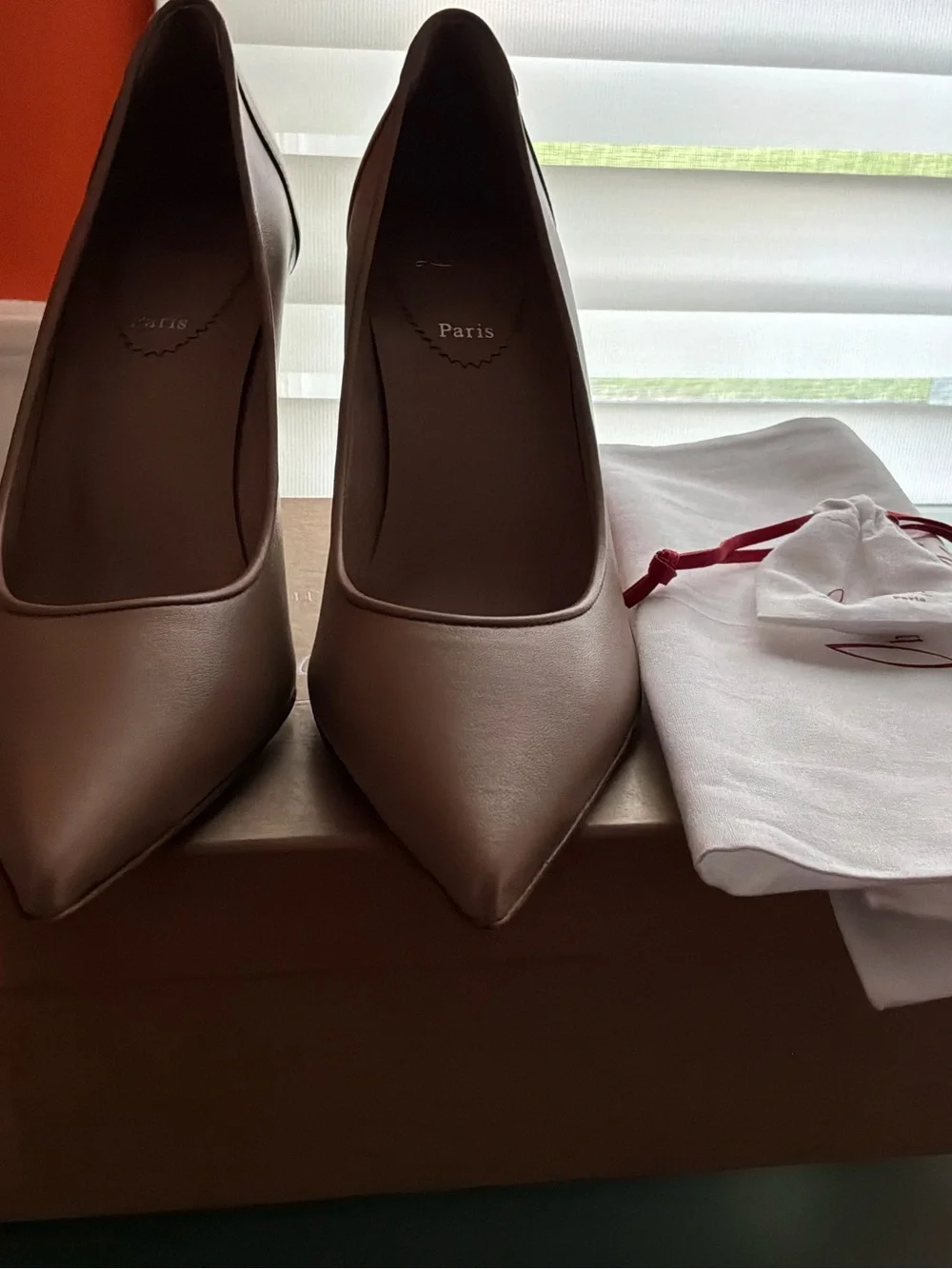 Christian Louboutin Taupe Pointed-Toe Pumps with Signature Red Heel